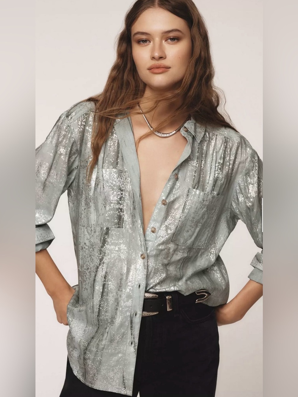 Pilcro Anthropologie Womens XS Button Down Shirt Long Sleeve Boho Teal